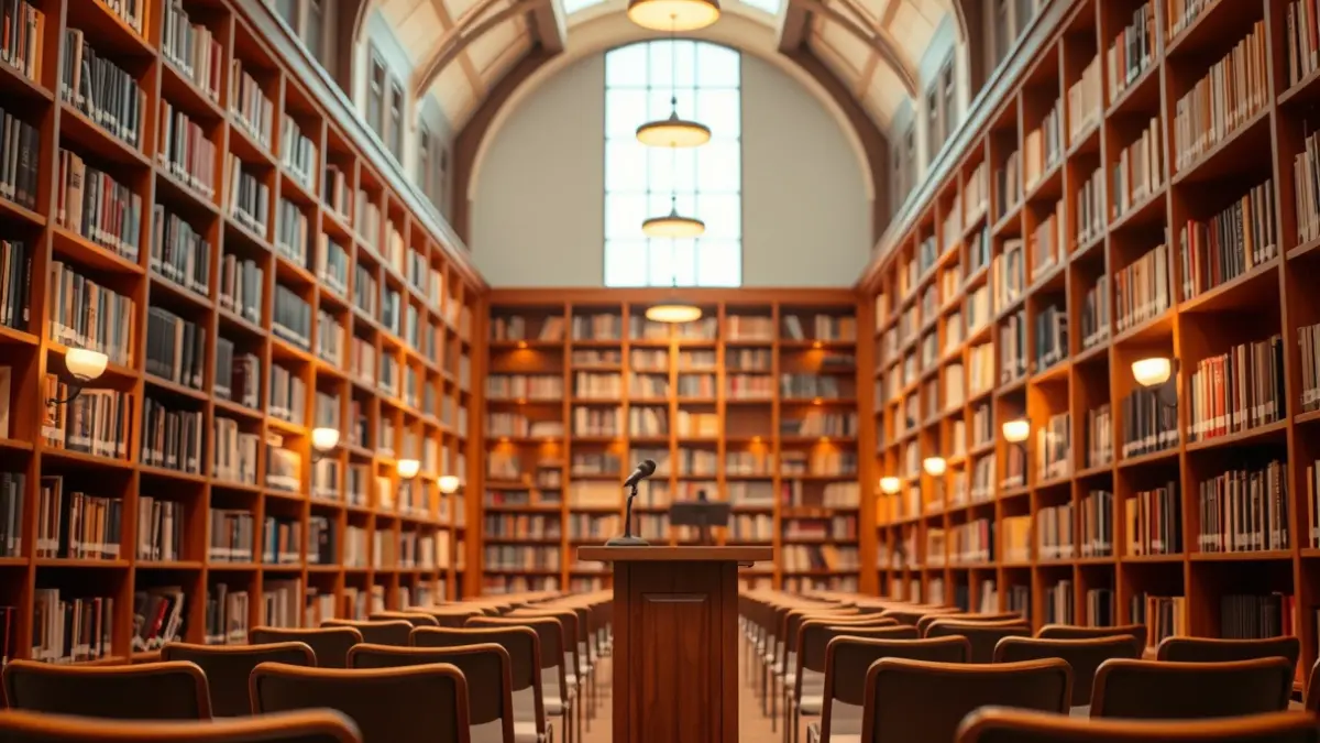 Imagen genérica de una sala de conferencias o biblioteca con un micrófono en un atril.