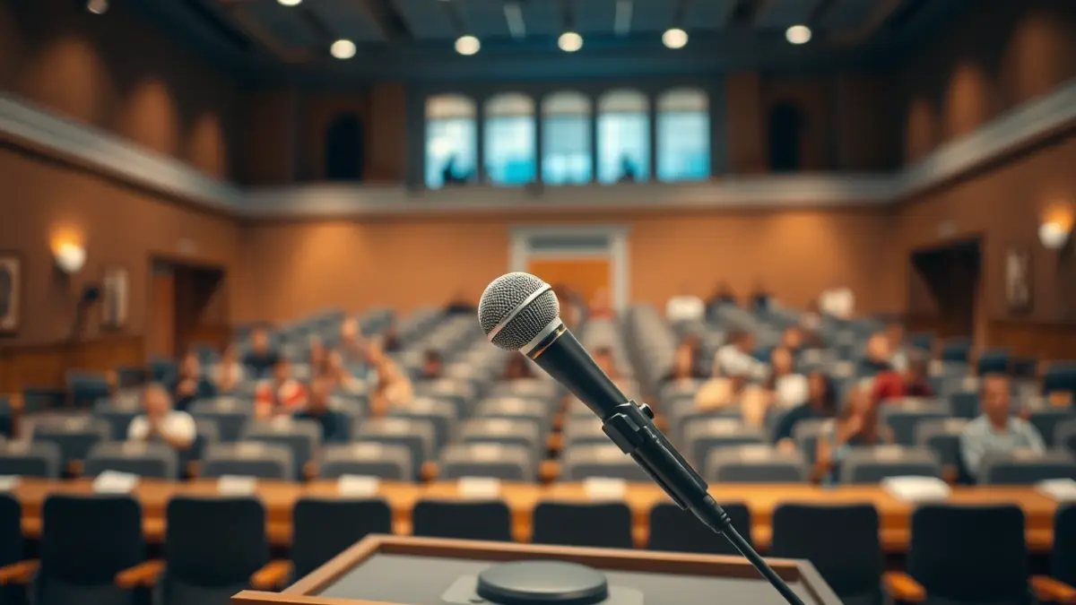 Generic image of a podium with a microphone in a university lecture hall, symbolizing an academic conference.