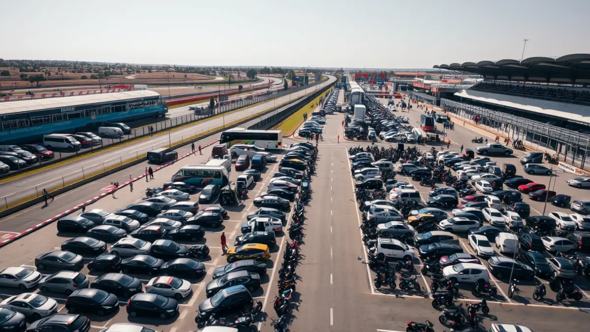 Aerial image of an organized parking lot near a race track with shuttle buses.