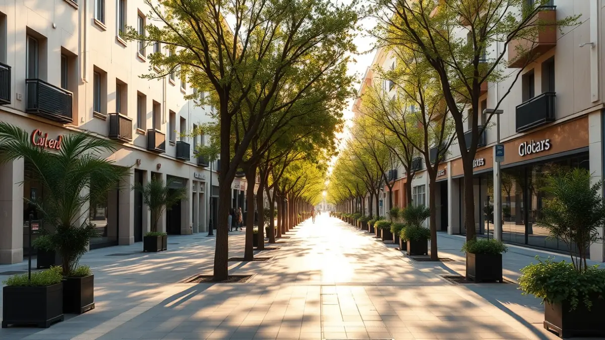 Image of a renovated street with newly planted trees in an Andalusian city.