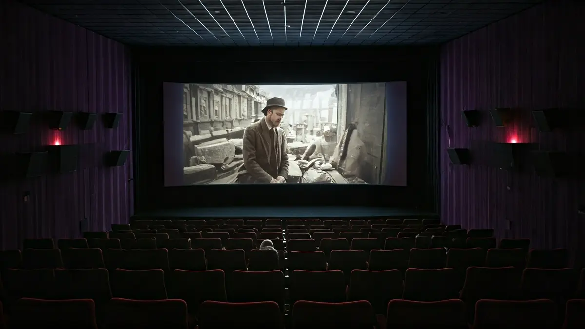 Imagen genérica de una sala de cine oscura con una pantalla grande y asientos vacíos.