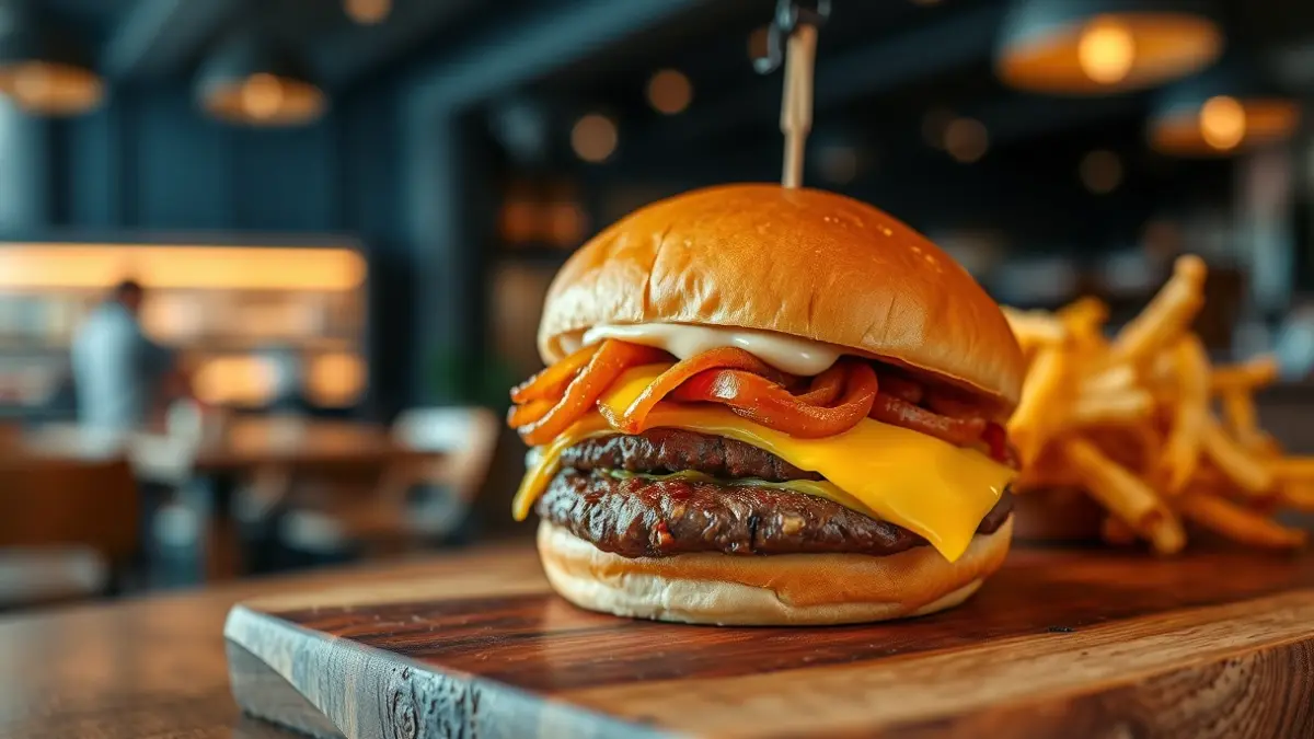 Imagen genérica de una hamburguesa gourmet con pan brioche y queso cheddar.