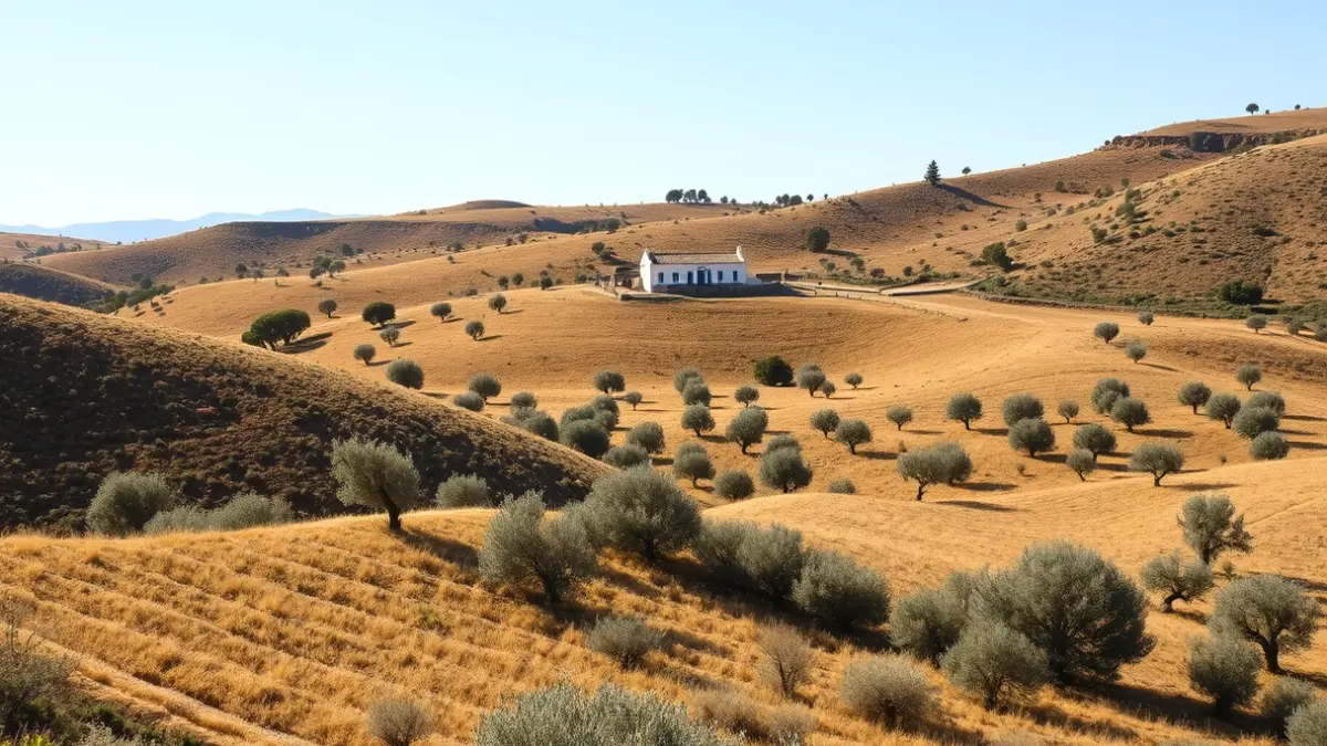 Imagen de un paisaje rural andaluz con una finca blanca al fondo.
