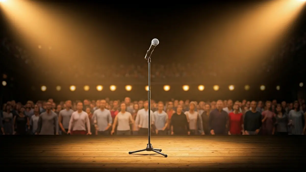 Imagen genérica de un escenario con un micrófono bajo un foco.