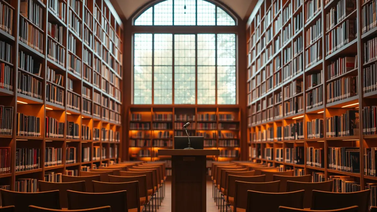 Generic image of a cultural space with a microphone and chairs, warmly lit.