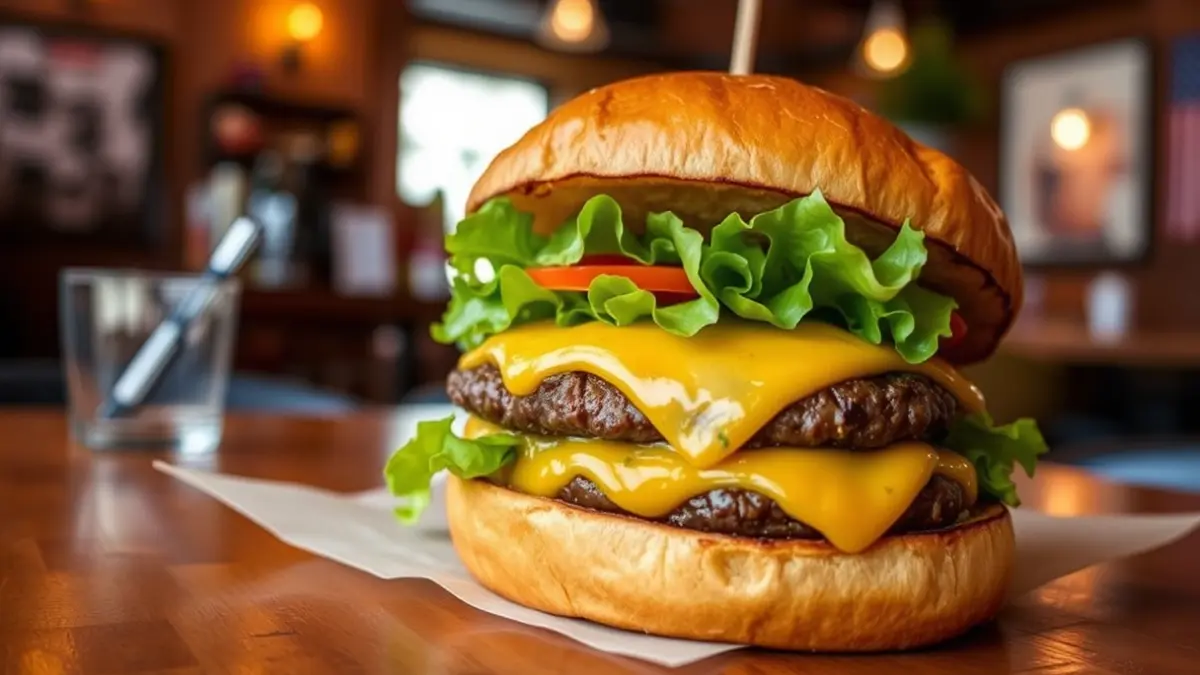 Generic image of a gourmet burger with fresh ingredients and a potato bun.