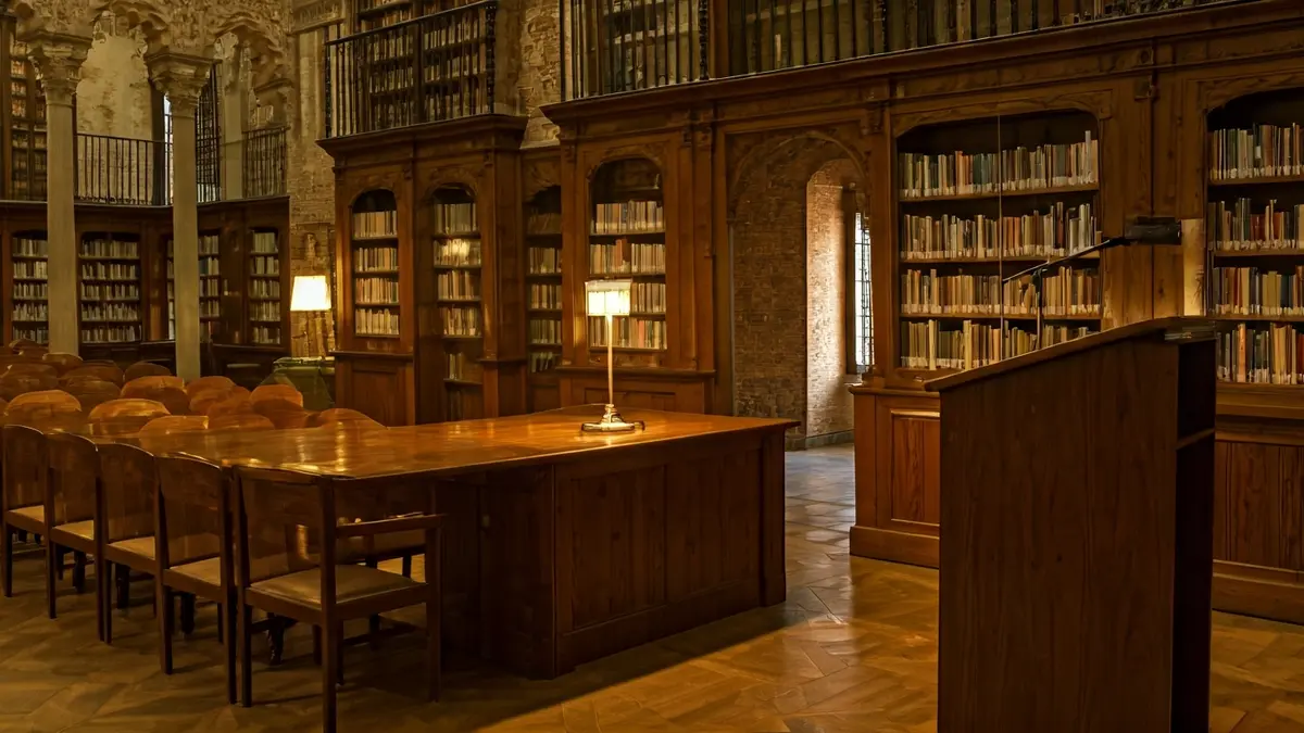 Imagen genérica de un ambiente literario con estanterías de libros y un podio con micrófono.