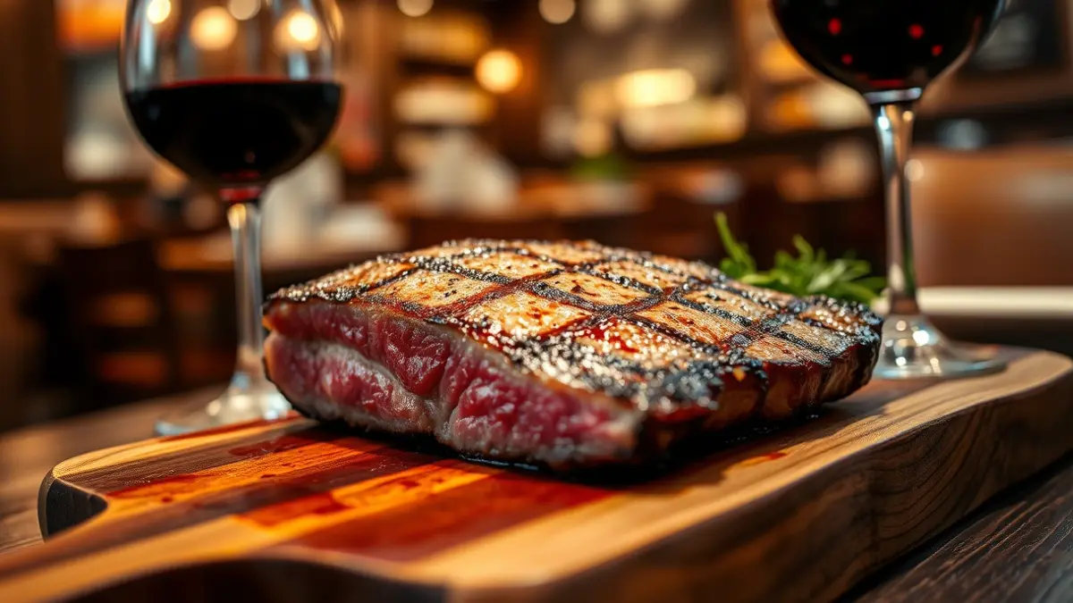 Imagen de un plato de carne Wagyu a la parrilla con una copa de vino tinto.