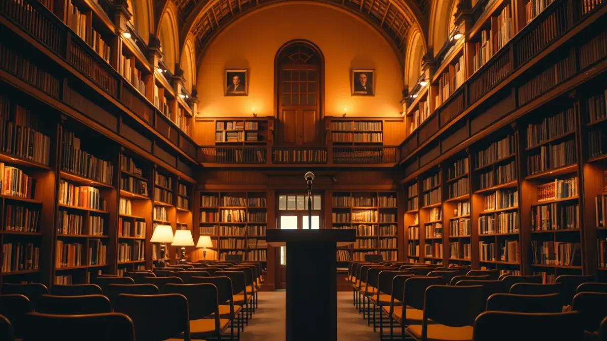 Generic image of a conference room or library with a podium and empty chairs, warmly lit.