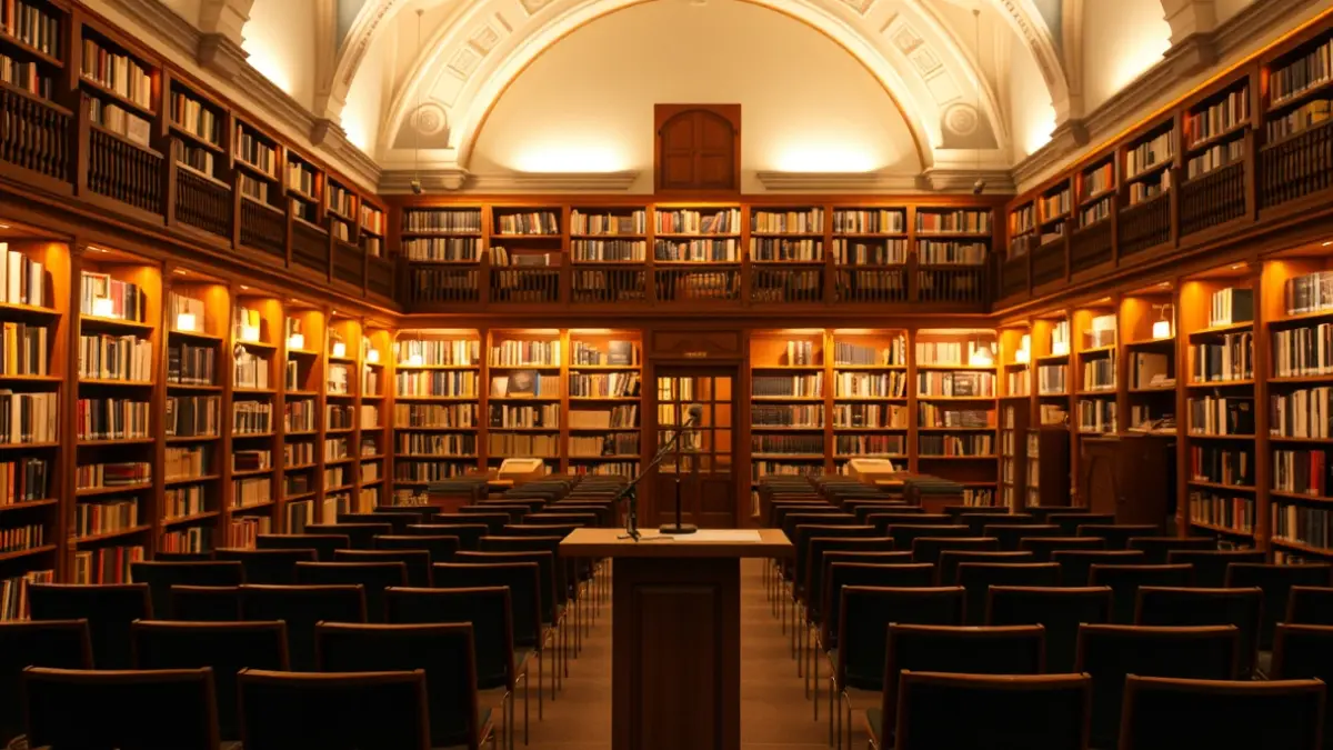 Generic image of a classroom or conference hall with a microphone on a lectern, bookshelves in the background, and empty chairs, with a warm reading atmosphere.