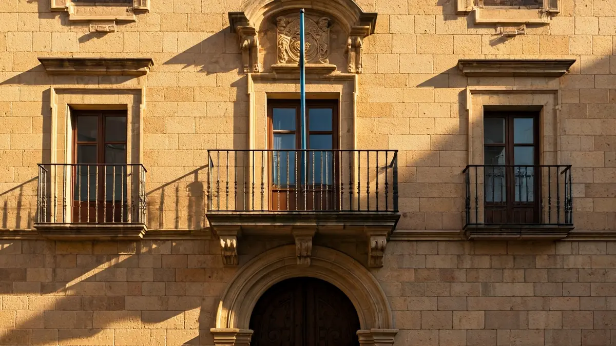 Fachada de un ayuntamiento andaluz con balcón y barandillas de hierro, bajo la luz del sol de la tarde.
