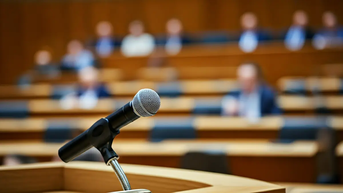 Imagen genérica de un micrófono en un atril en un parlamento, simbolizando el debate político.