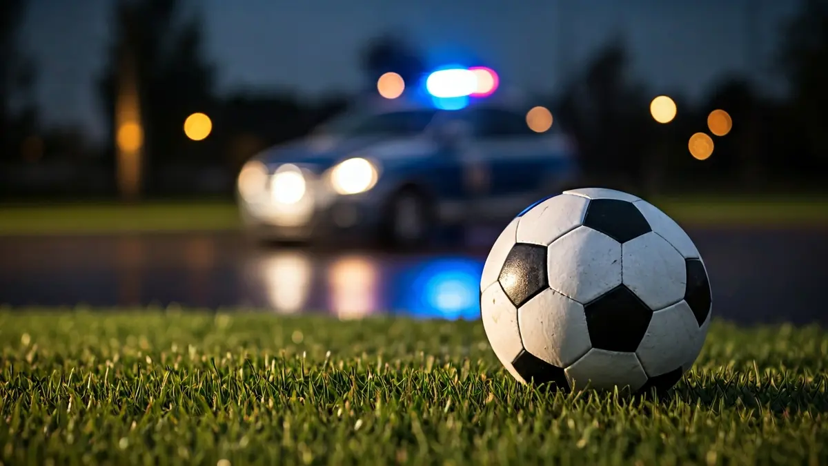 Imagen que combina elementos de fútbol y policía, con un balón en primer plano y luces de emergencia borrosas al fondo.