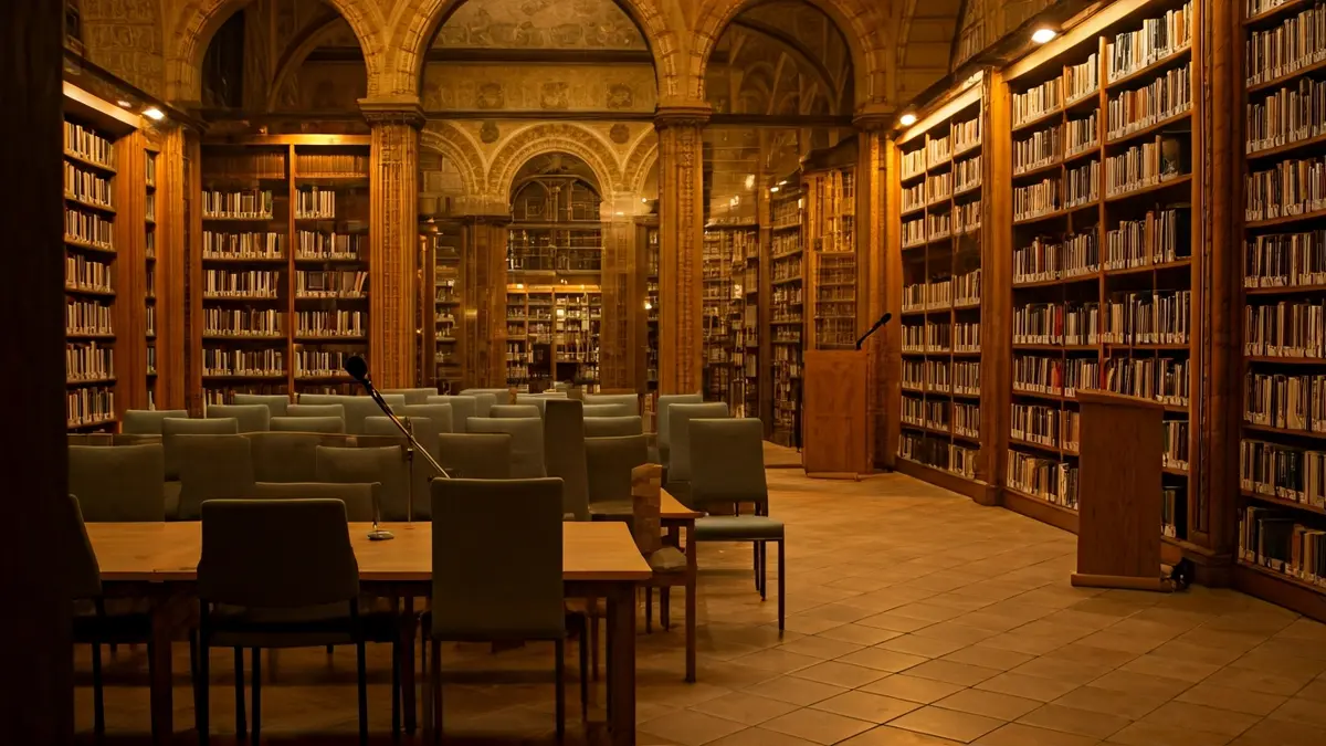 Imagen genérica de una sala de presentación de libros con un podio y sillas vacías.