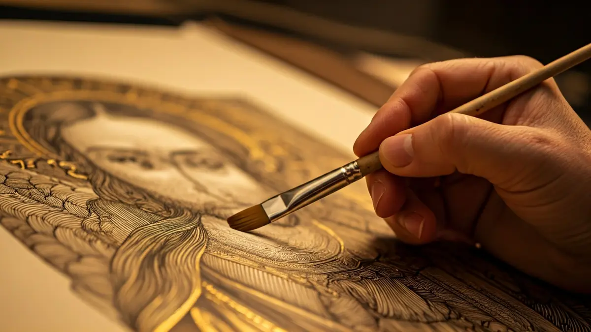 Imagen de un joven artista trabajando en un cartel con tinta china y detalles dorados.