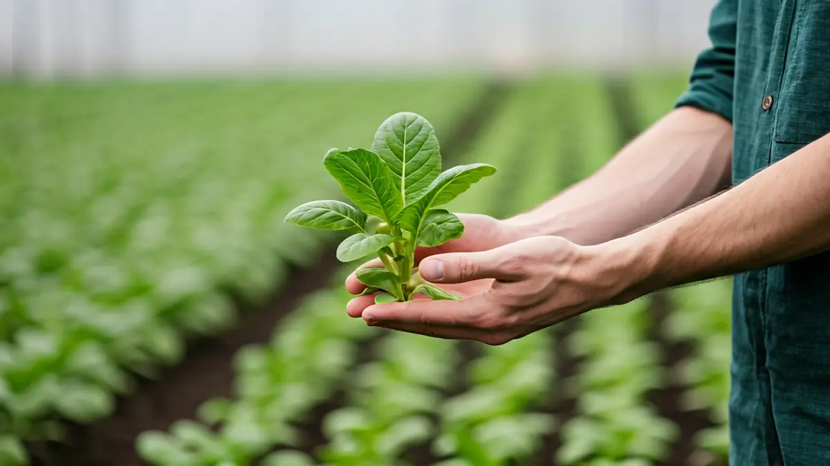 Imagen genérica de un agricultor joven examinando una planta en un invernadero.