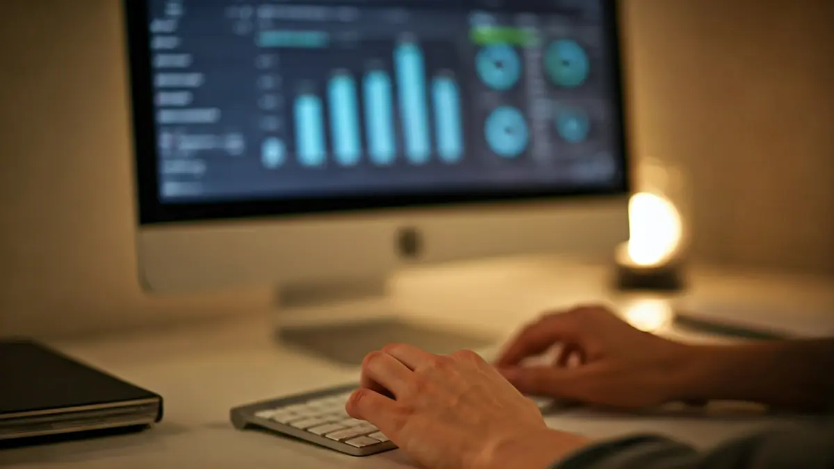 Imagen genérica de una pantalla de ordenador con un simulador de negocios y manos tecleando.