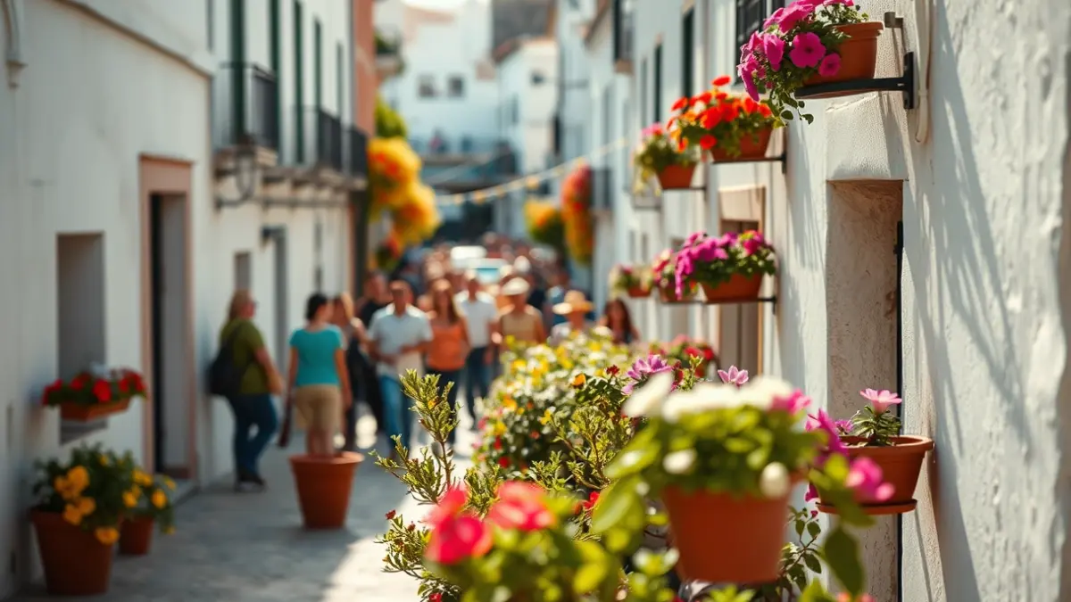 Generic image of an Andalusian street with white buildings and flower pots.