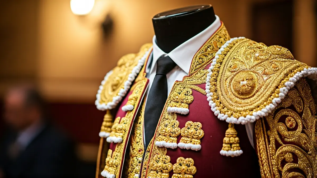 Bullfighter's suit of lights displayed in a room, with golden embroidery and traditional details.