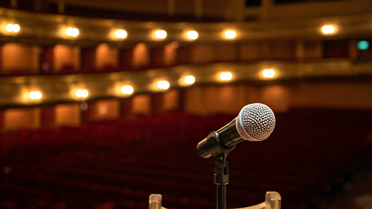 Imagen genérica de un micrófono en un atril en un teatro, con asientos de terciopelo rojo difuminados al fondo.