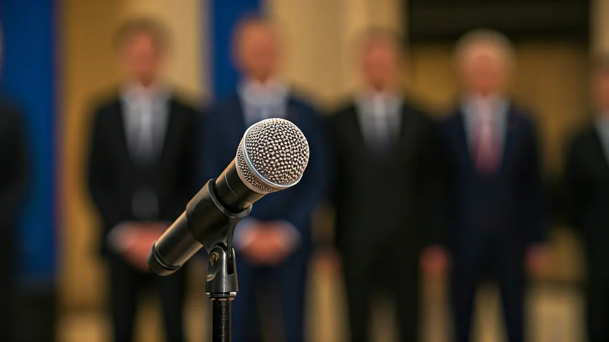 Generic image of a microphone on a podium during an interview or press conference.