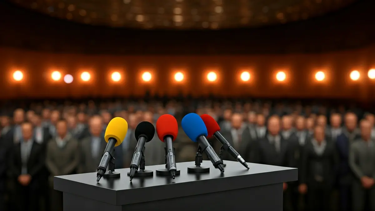 Imagen genérica de un atril con micrófonos en un evento político.