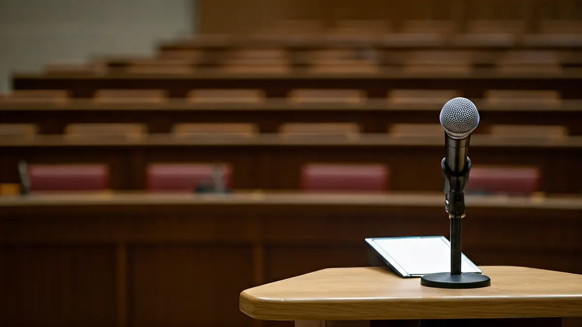 Generic image of a microphone on a podium, symbolizing a political event or presentation.