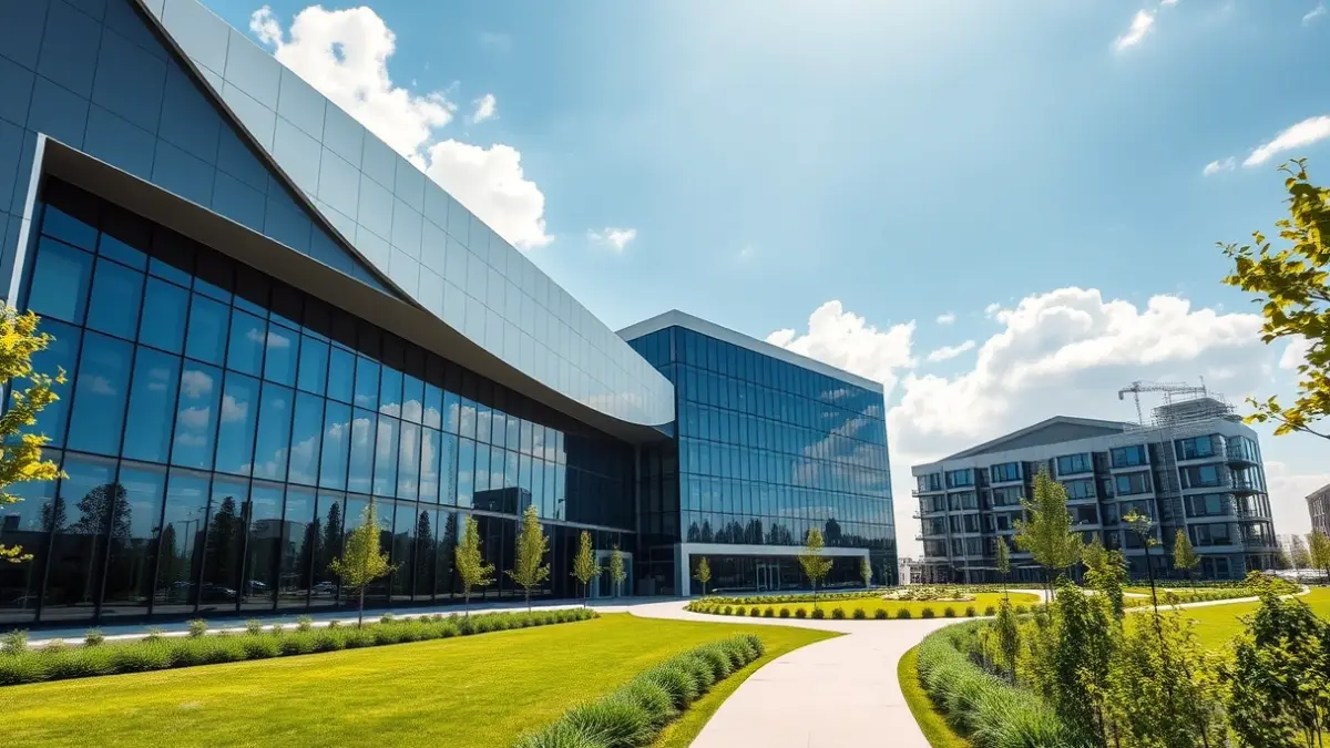 Edificio moderno de tecnología avanzada en un parque tecnológico.