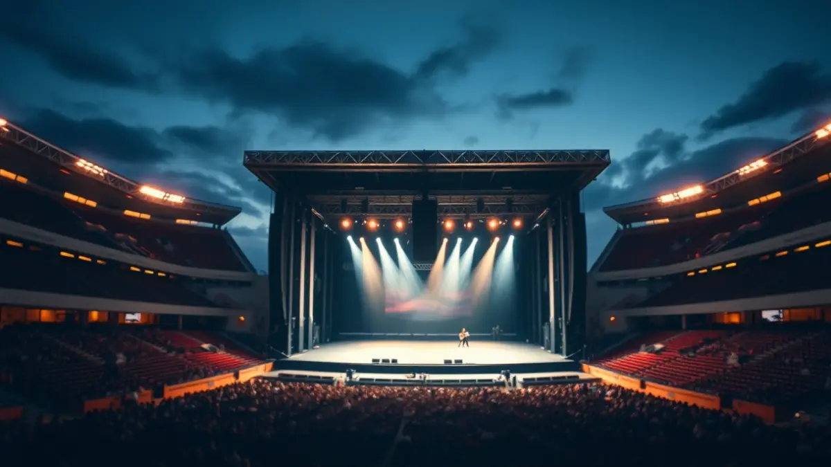 Imagen de un estadio vacío con un escenario iluminado, antes de un concierto.