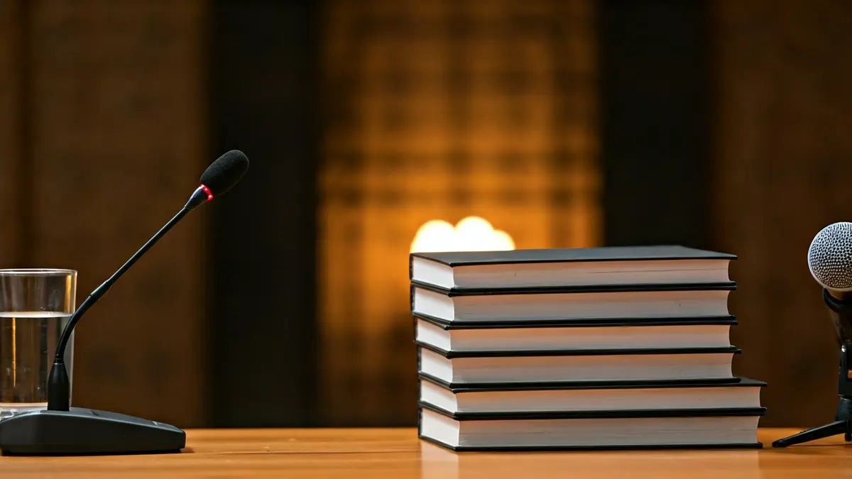 Imagen genérica de libros y un micrófono, simbolizando el debate cultural y la reflexión.