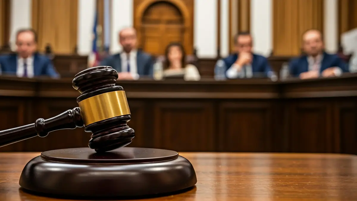 Image of a gavel on a table in a council chamber, with blurred figures of council members in the background.