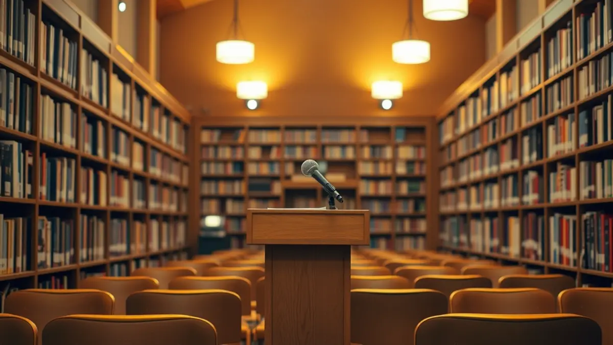 Generic image of a literary presentation room with a microphone and empty chairs.
