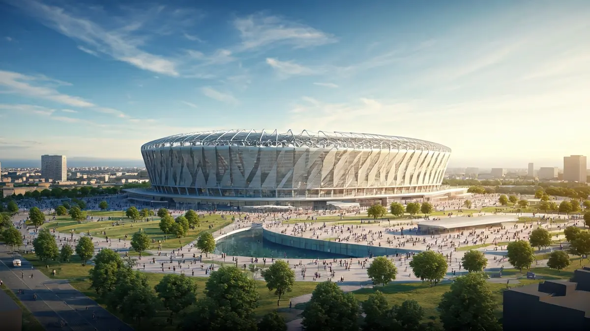 Image of a stadium and sports city project on non-urbanizable land.