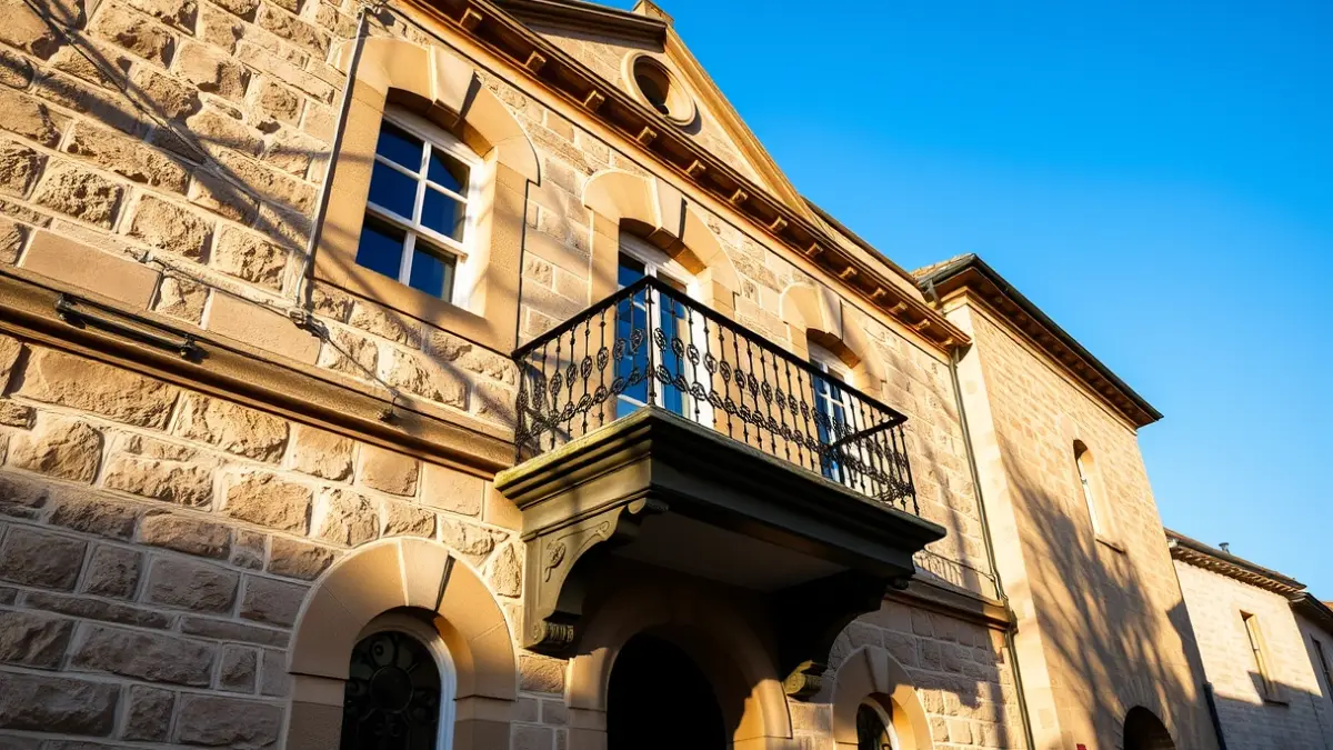 Fachada de un edificio institucional con balcón y barandillas de hierro, bajo la luz del sol de la tarde.