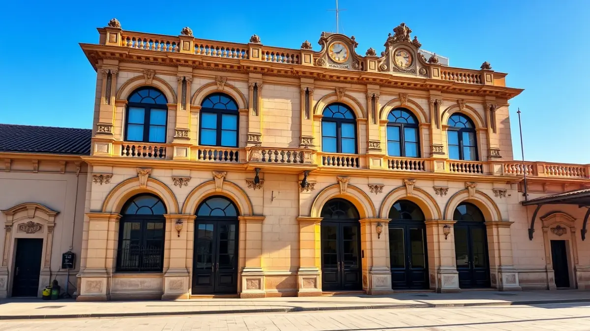 Old Huelva train station, with its historic facade and architectural details under the Andalusian sun.