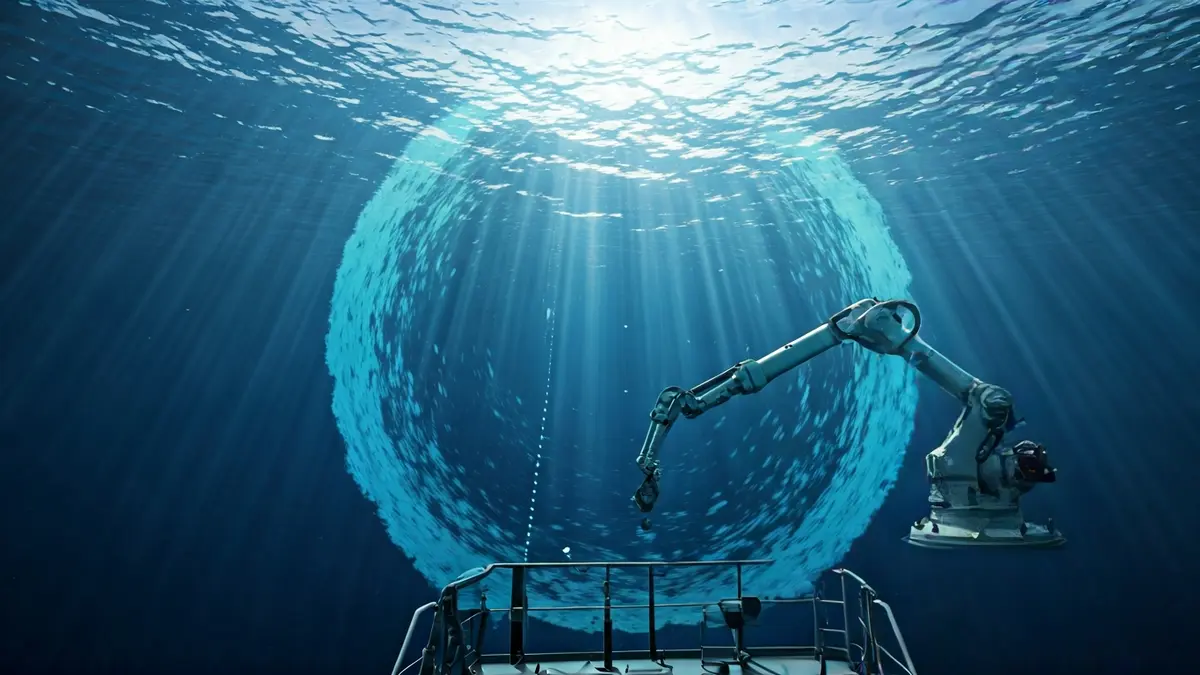 Imagen de un sonar de un cazaminas mostrando un objeto detectado en el fondo marino, con un robot submarino siendo desplegado.