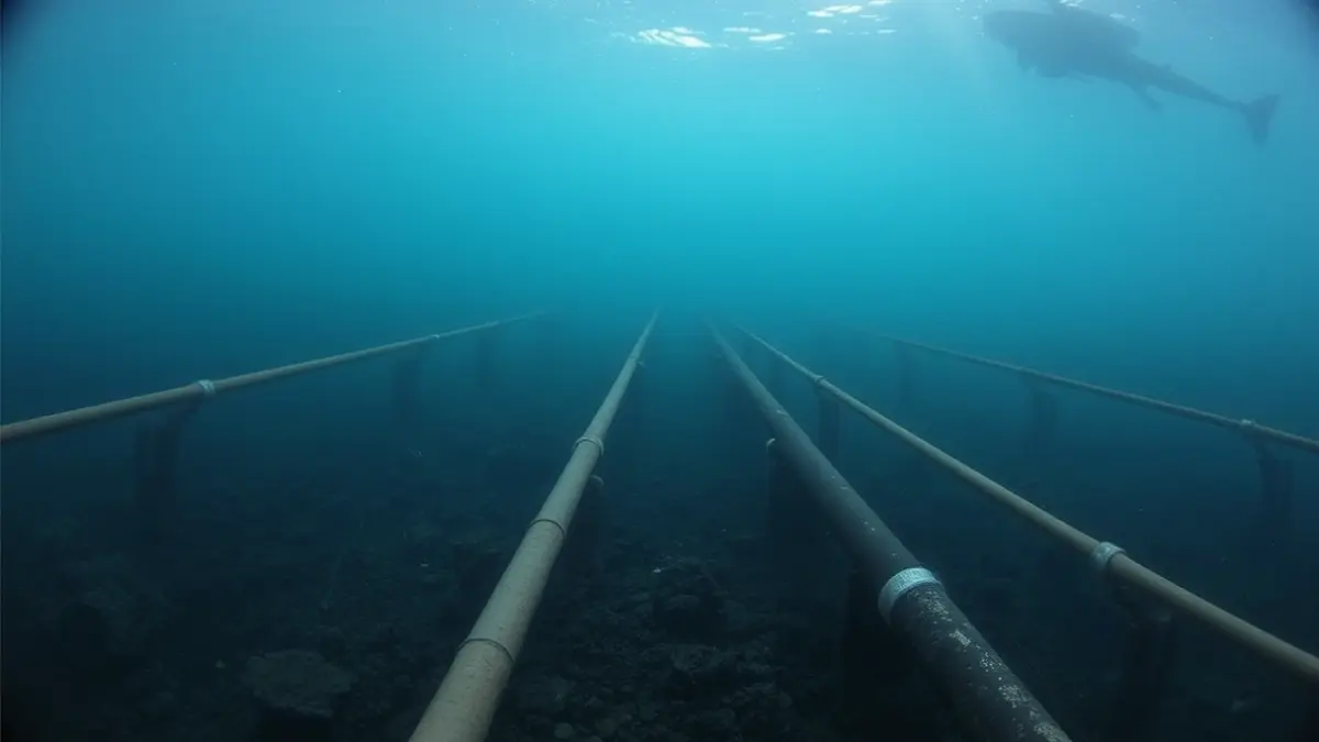 Imagen de cables submarinos y tuberías en el lecho marino, representando infraestructuras estratégicas.