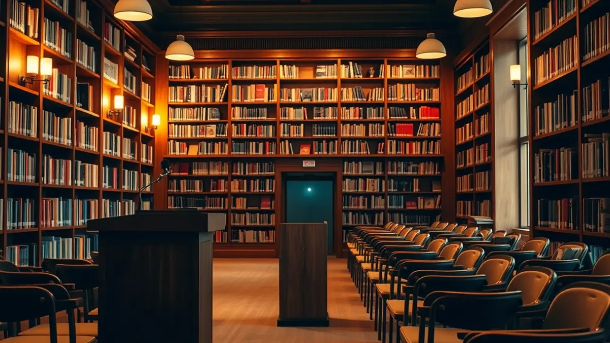 Imagen genérica de un interior de biblioteca con estanterías de madera y un podio con micrófono.