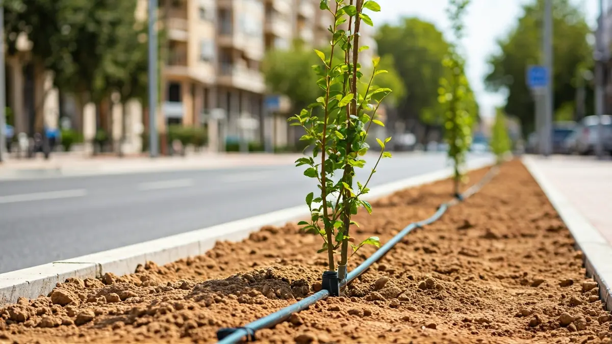 Imagen de la mediana de la avenida de San Jerónimo en Sevilla tras las nuevas plantaciones y la instalación del sistema de riego.