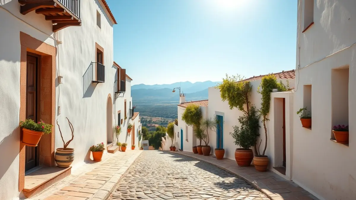 Imagen de un pueblo blanco andaluz con calles estrechas y macetas.
