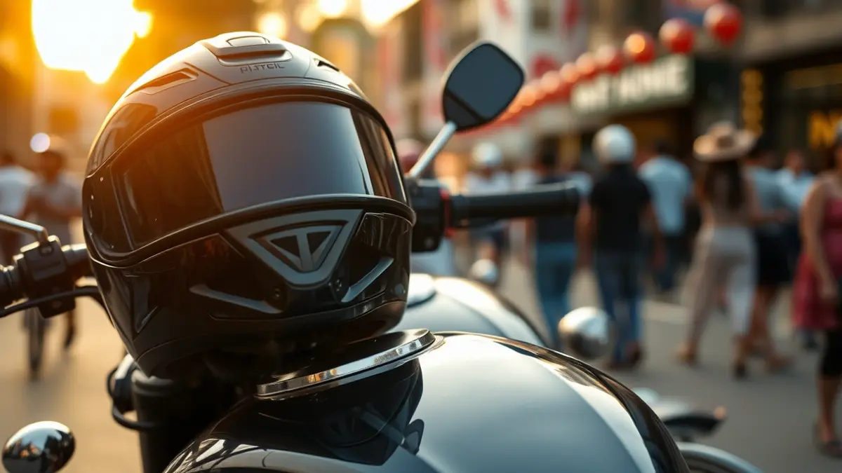 Imagen de un casco de motocicleta sobre un depósito de combustible, con un ambiente festivo de fondo.
