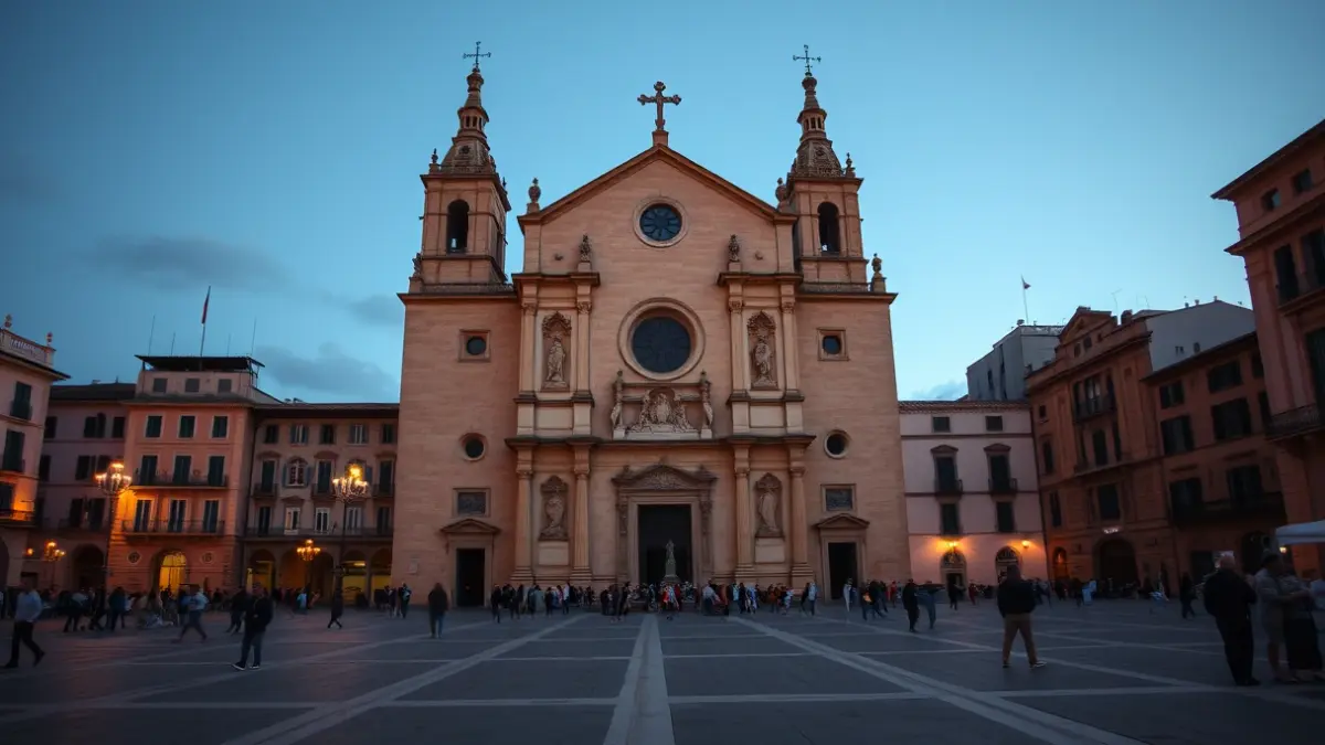 Facade of Jaén Cathedral illuminated during a concert in Plaza de Santa María.