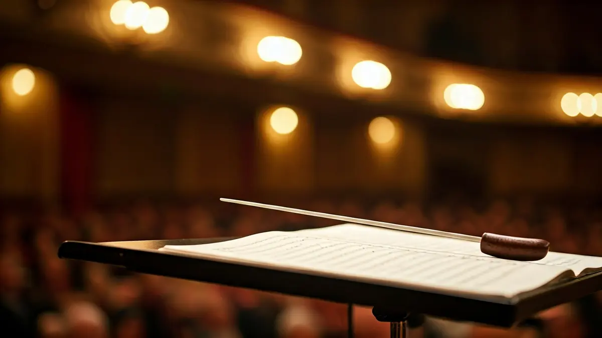 Imagen genérica de una batuta de director sobre un atril con partituras en un teatro.