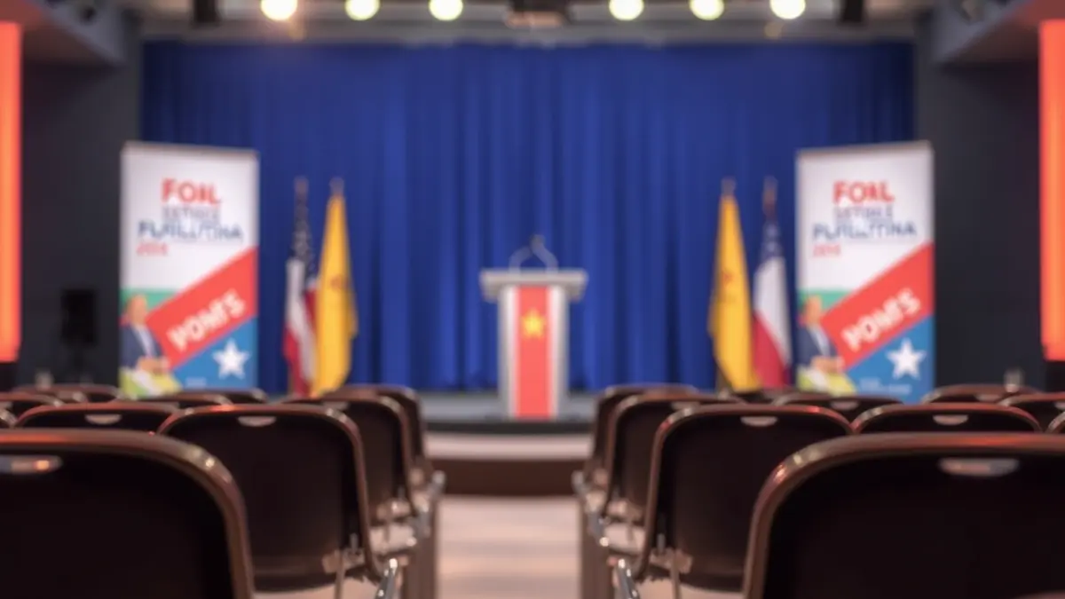 Generic image of a podium with a microphone on a political debate stage, with empty chairs and warm lighting.