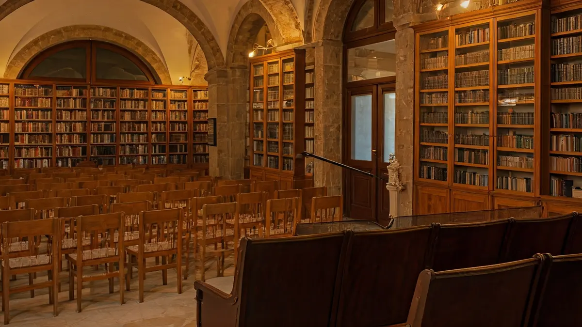 Imagen genérica de una biblioteca con un podio y sillas, iluminada cálidamente.