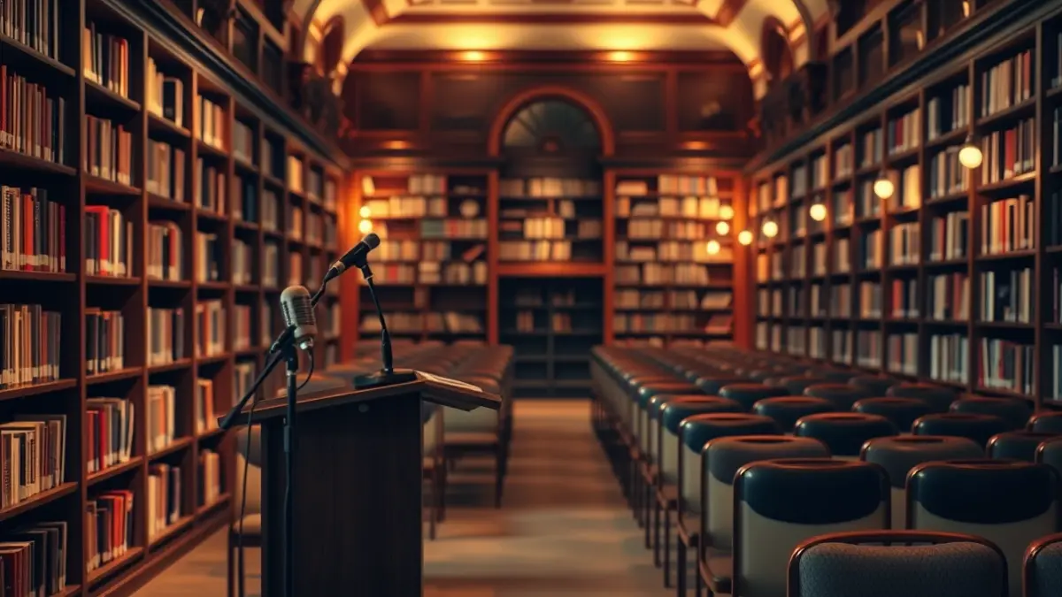 Imagen genérica de una biblioteca con estanterías de madera y un ambiente acogedor.
