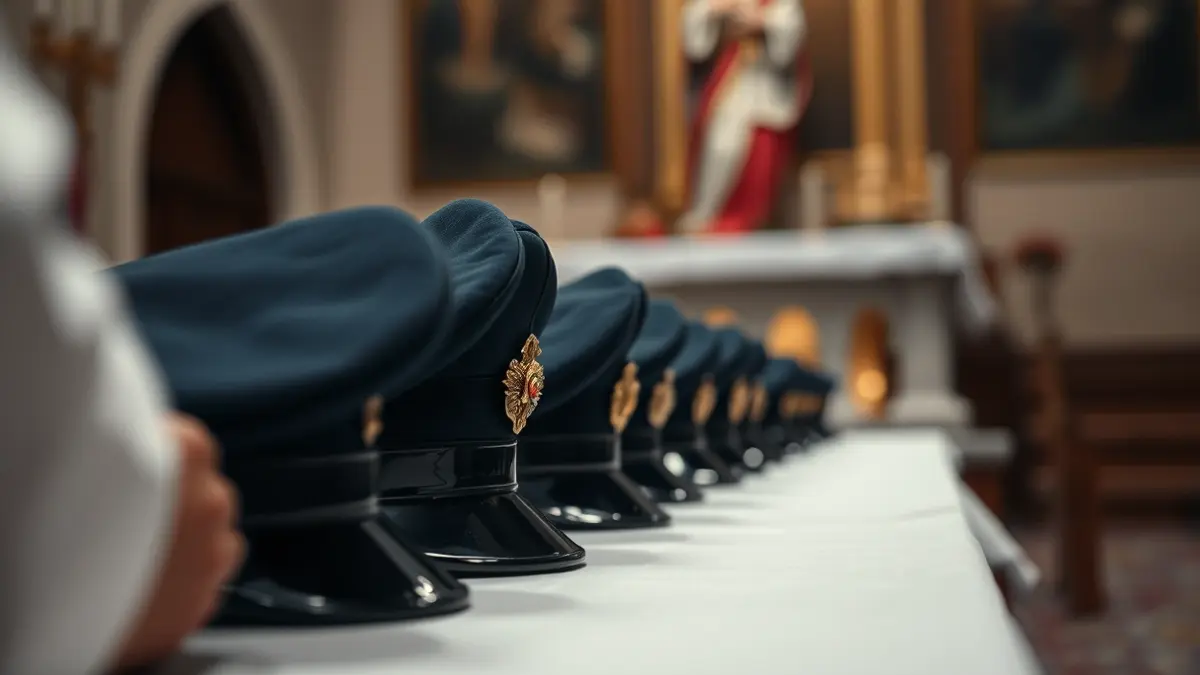 Military personnel placing berets on an altar as a gesture of gratitude.