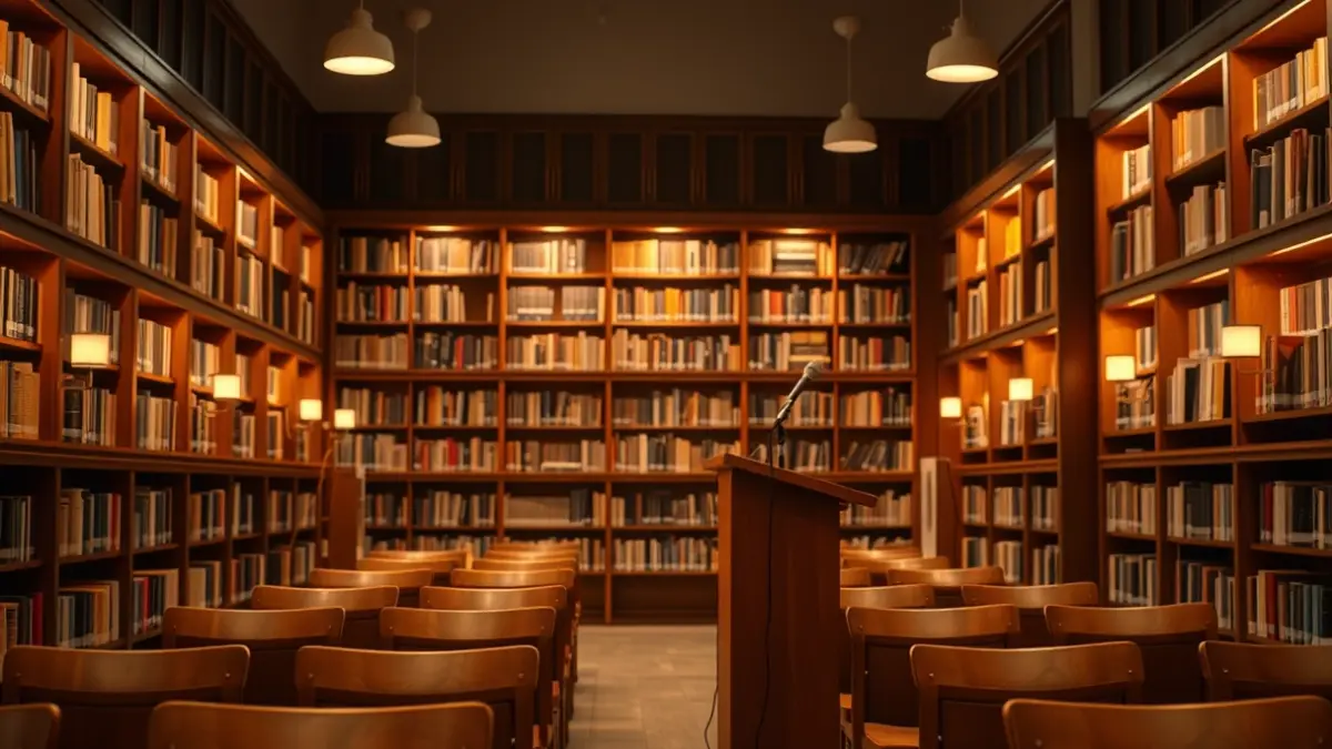 Generic image of a podium with a microphone in a cultural or presentation setting.