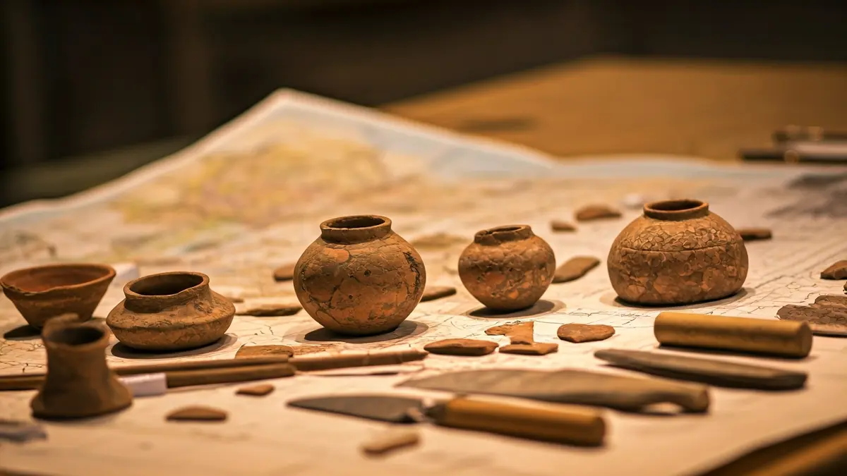 Generic image of archaeological tools and pottery shards in a laboratory setting.