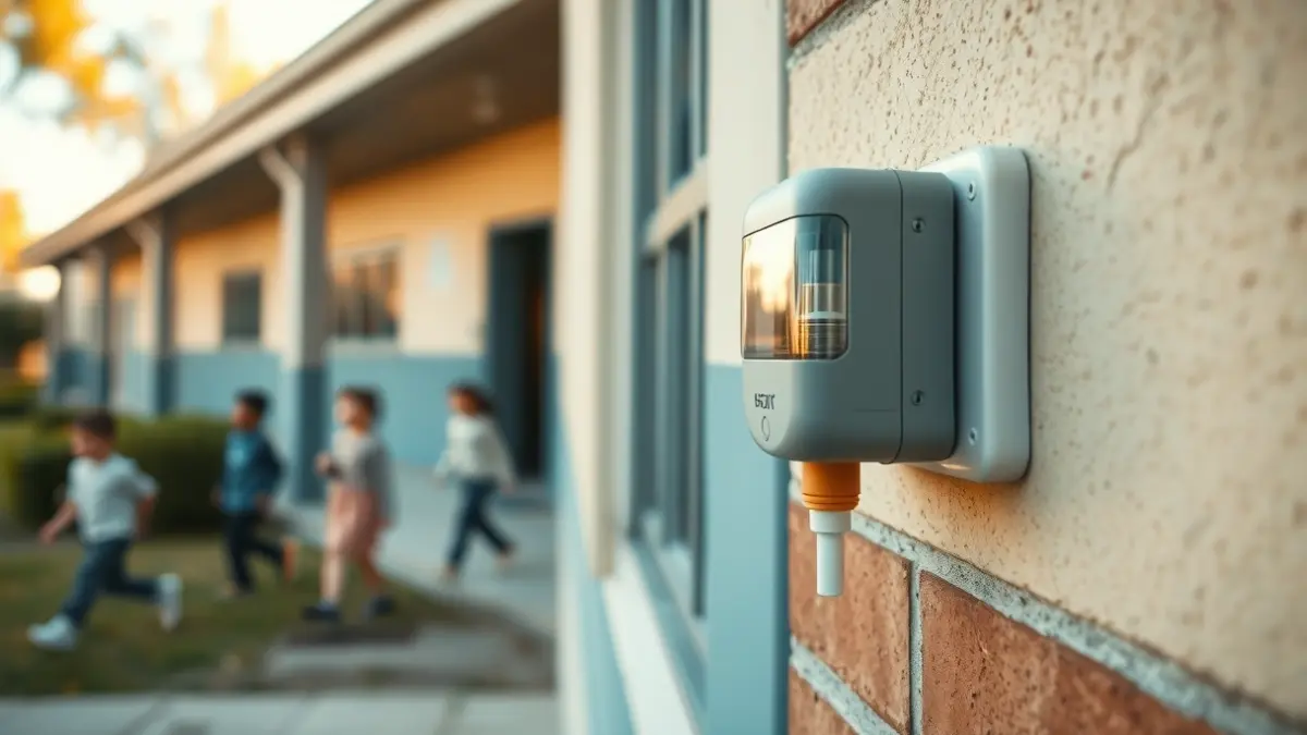 Generic image of an air quality sensor on the exterior of a school.